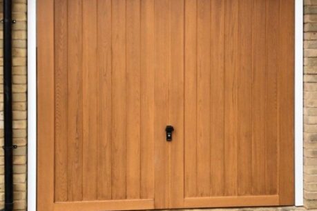 CDC GRP fibreglass Kingston Honey Beech garage door with white steel frame